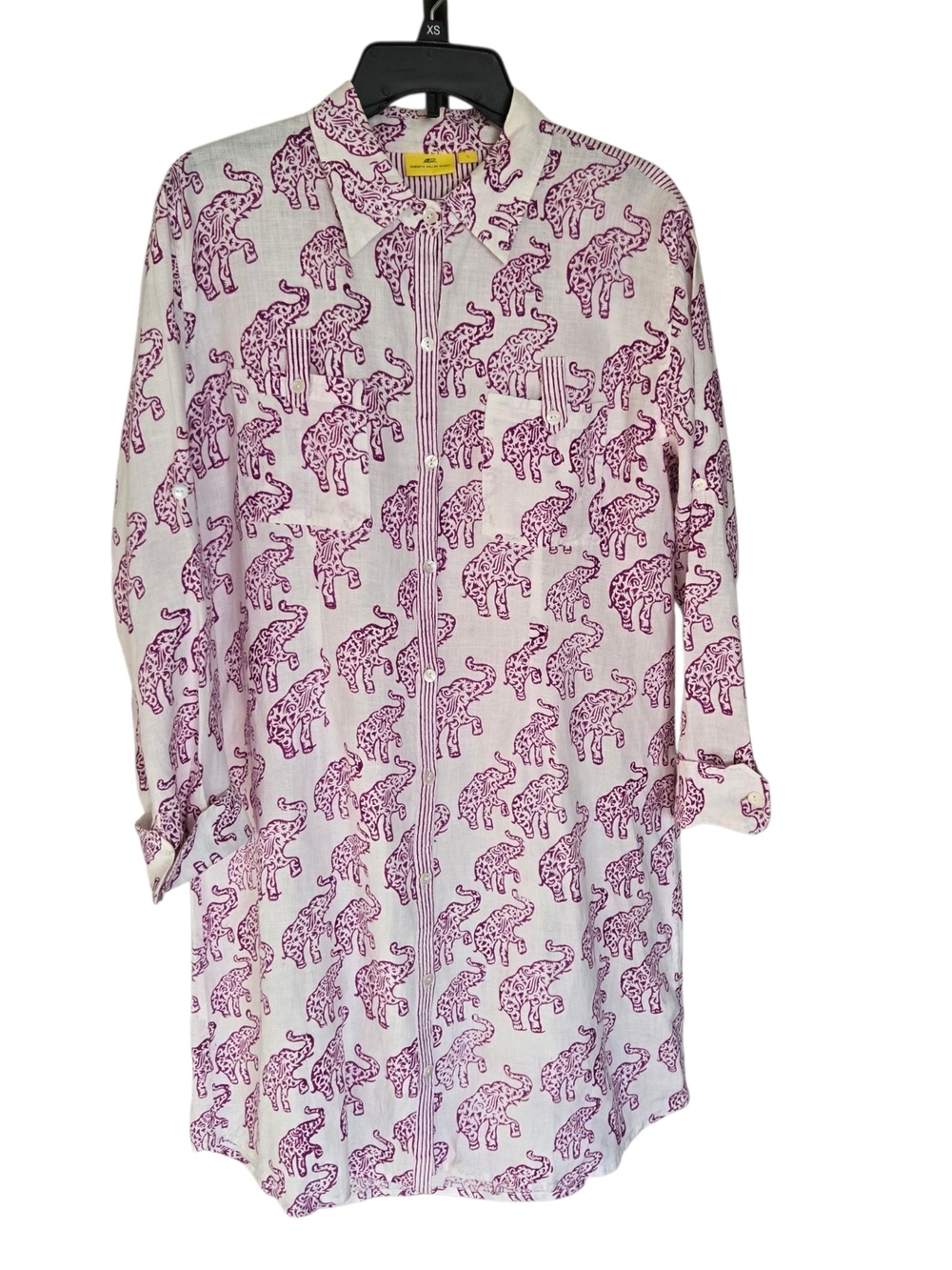 Roberta Roller Rabbit Elephant Print 100% Linen Shirt Dress Tunic L Purple Ivory